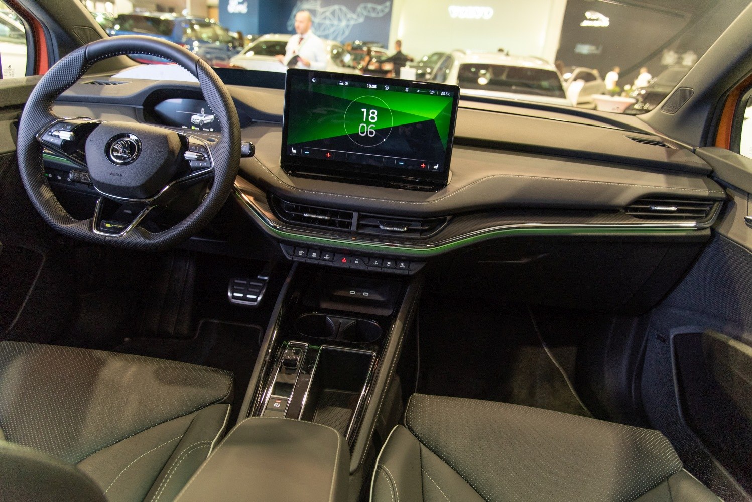 Digital dashboard and touchscreen display with steering wheel and modern interior