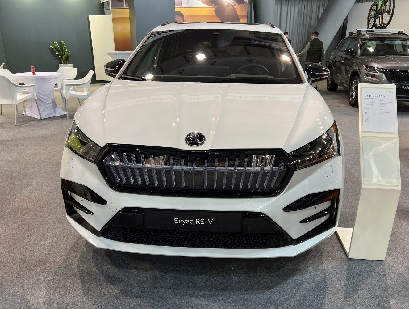 White electric SUV front grille and LED headlights
