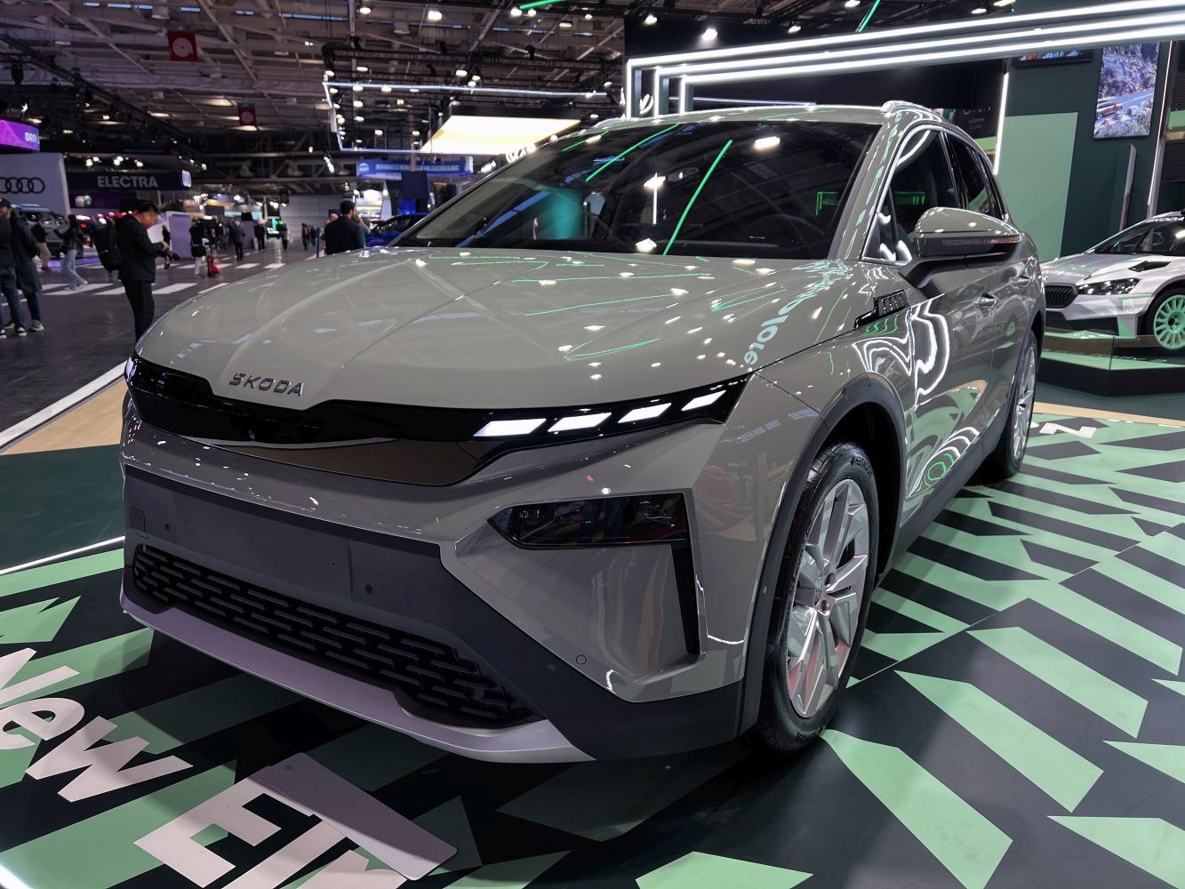 Front view of modern LED headlights and futuristic grille design