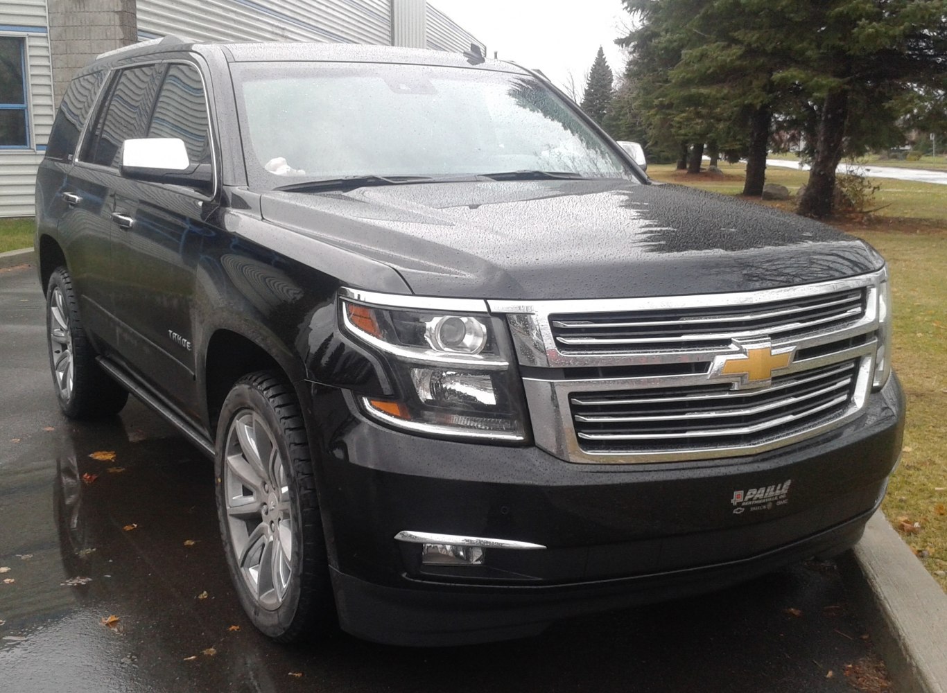 Front view with chrome grille and headlamps in rainy conditions