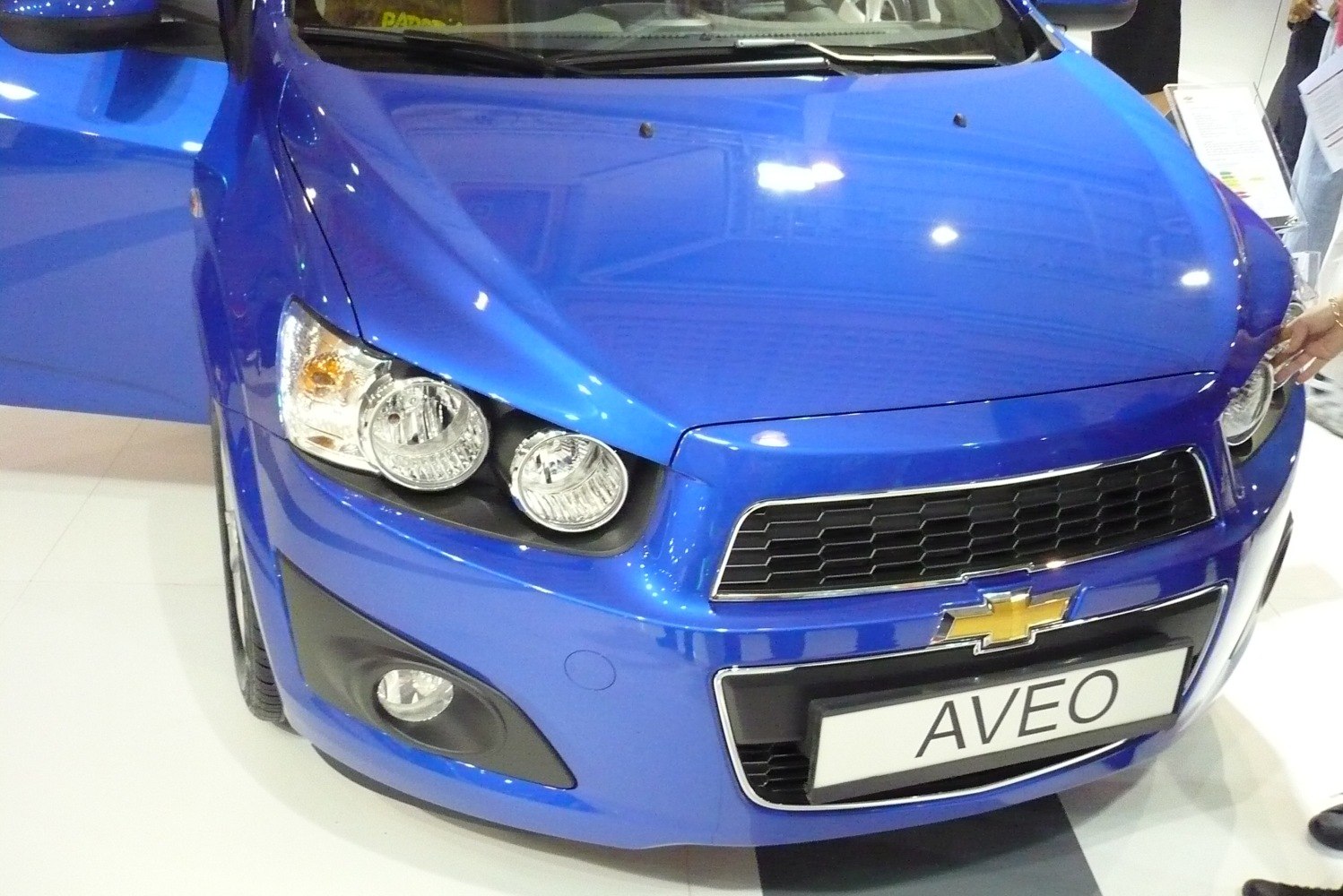 Close-up of front grille with dual round headlights and fog light