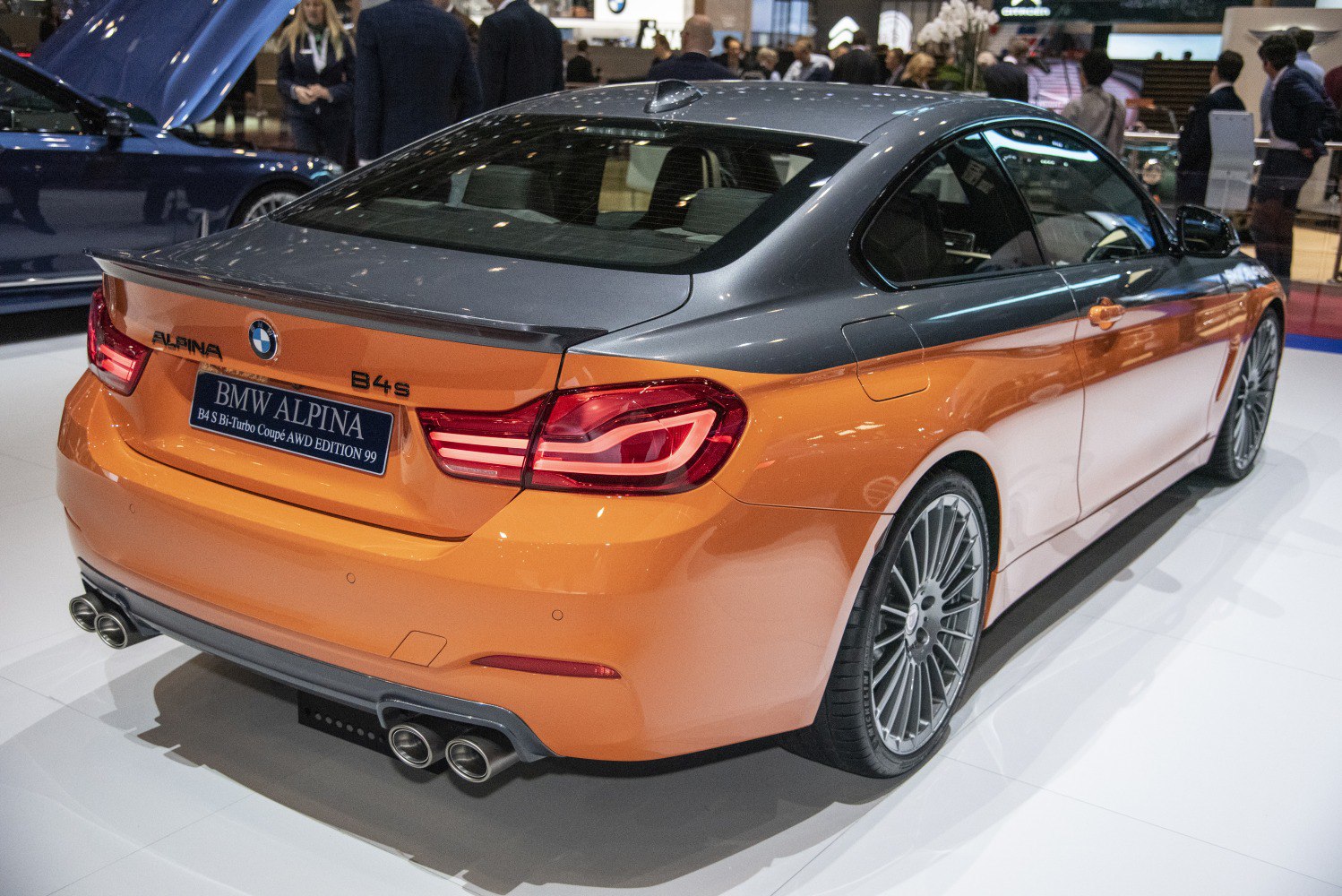 Rear view of two-tone Alpina B4 Coupe with quad exhausts