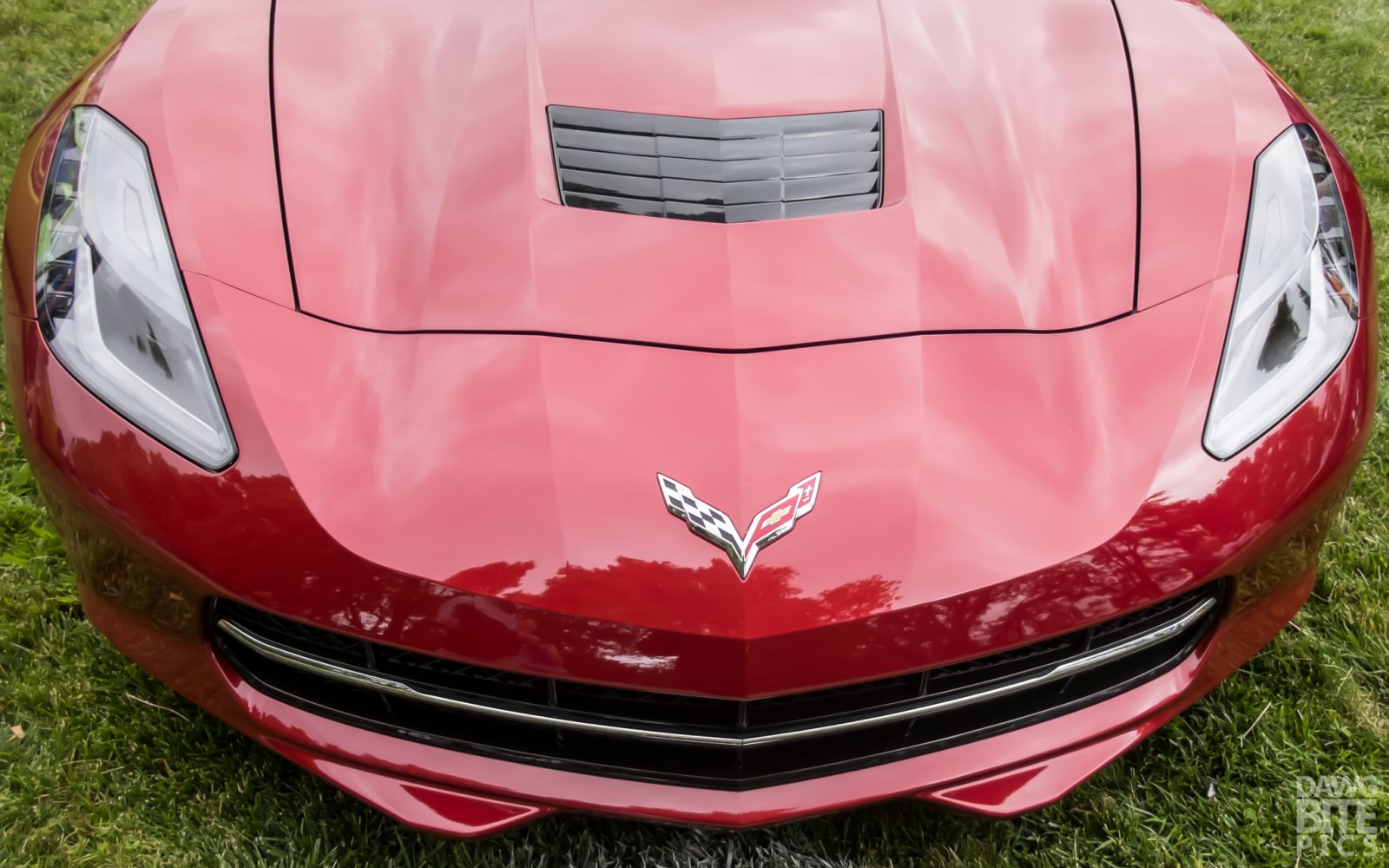 Close-up of Corvette C7 coupe hood and headlights