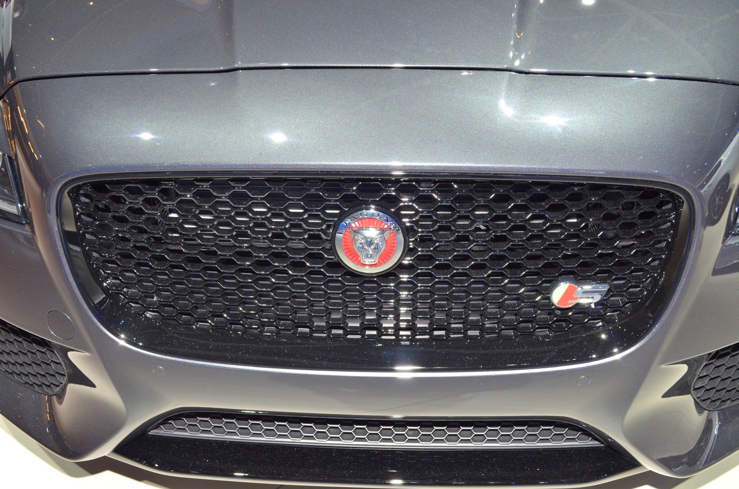 Front honeycomb grille with emblem and S badge