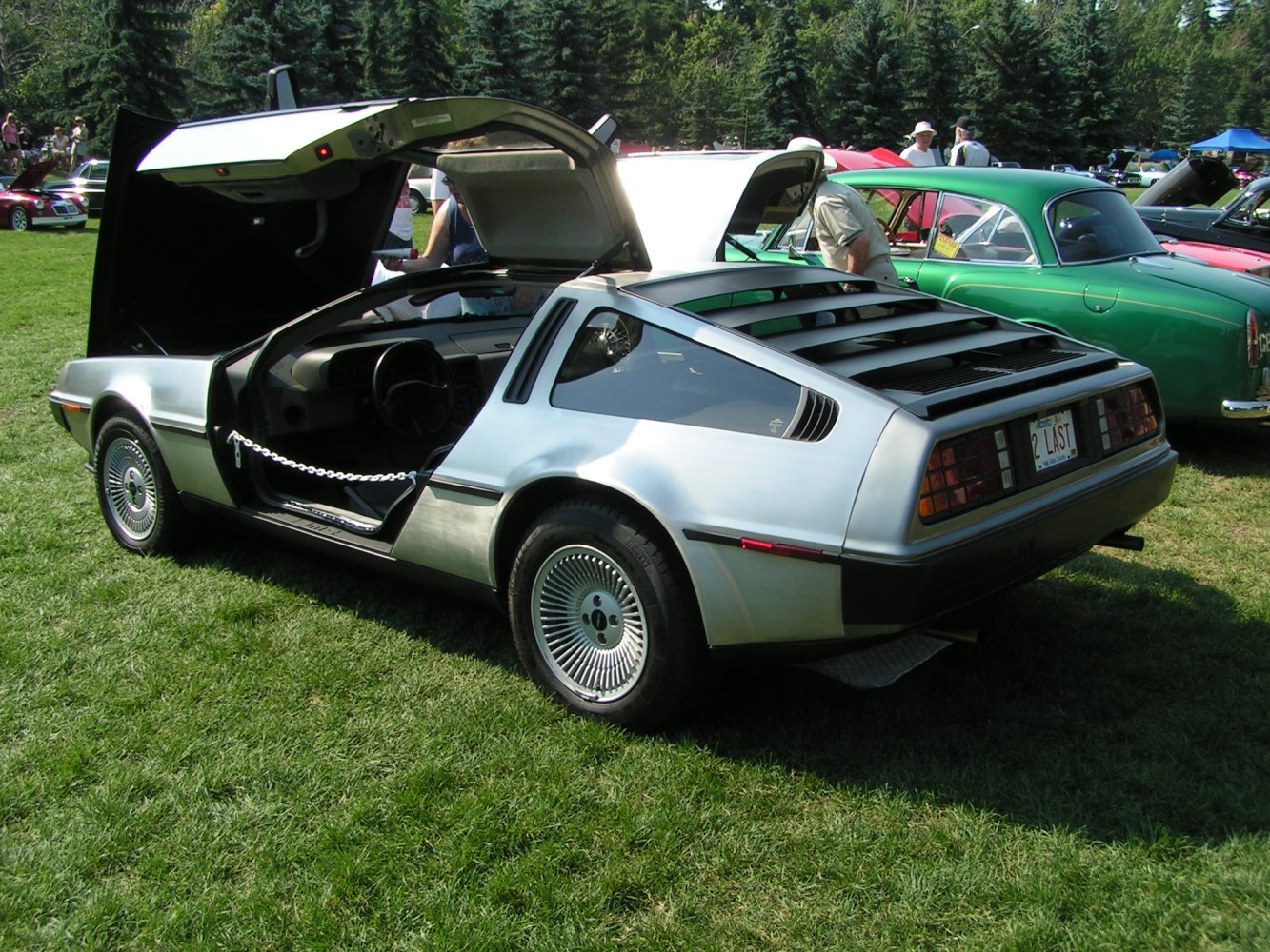 Silver vehicle with gullwing doors and rear window louvers on grass
