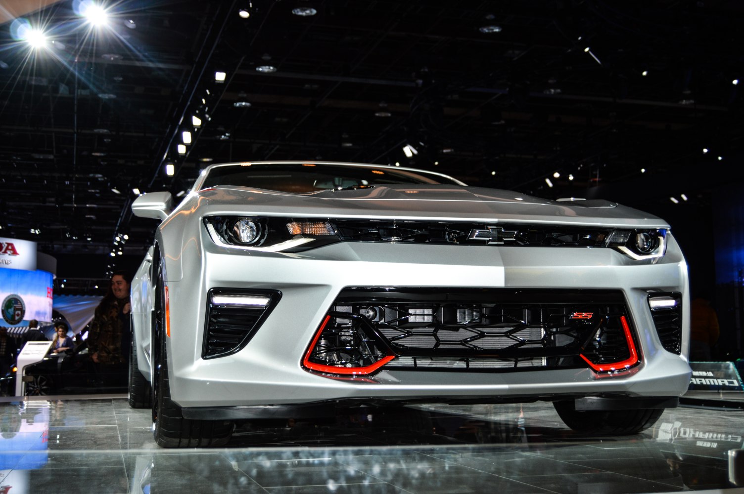 Front view of aggressive grille and headlights with SS badge.