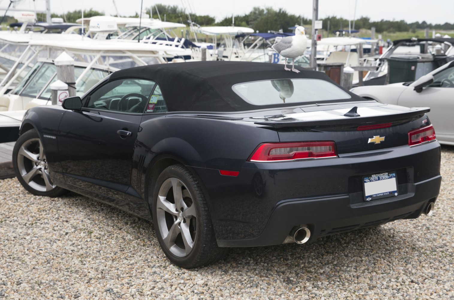 Black soft top convertible with rear spoiler and dual exhaust