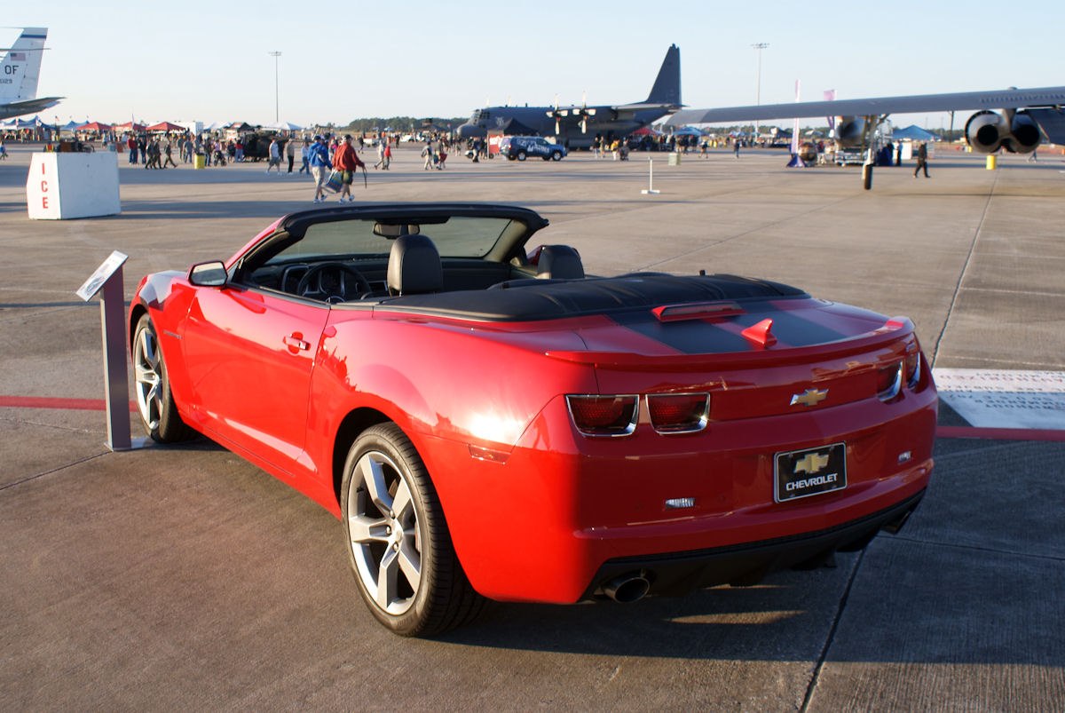 Red convertible muscle car rear with sporty tail lights and open roof
