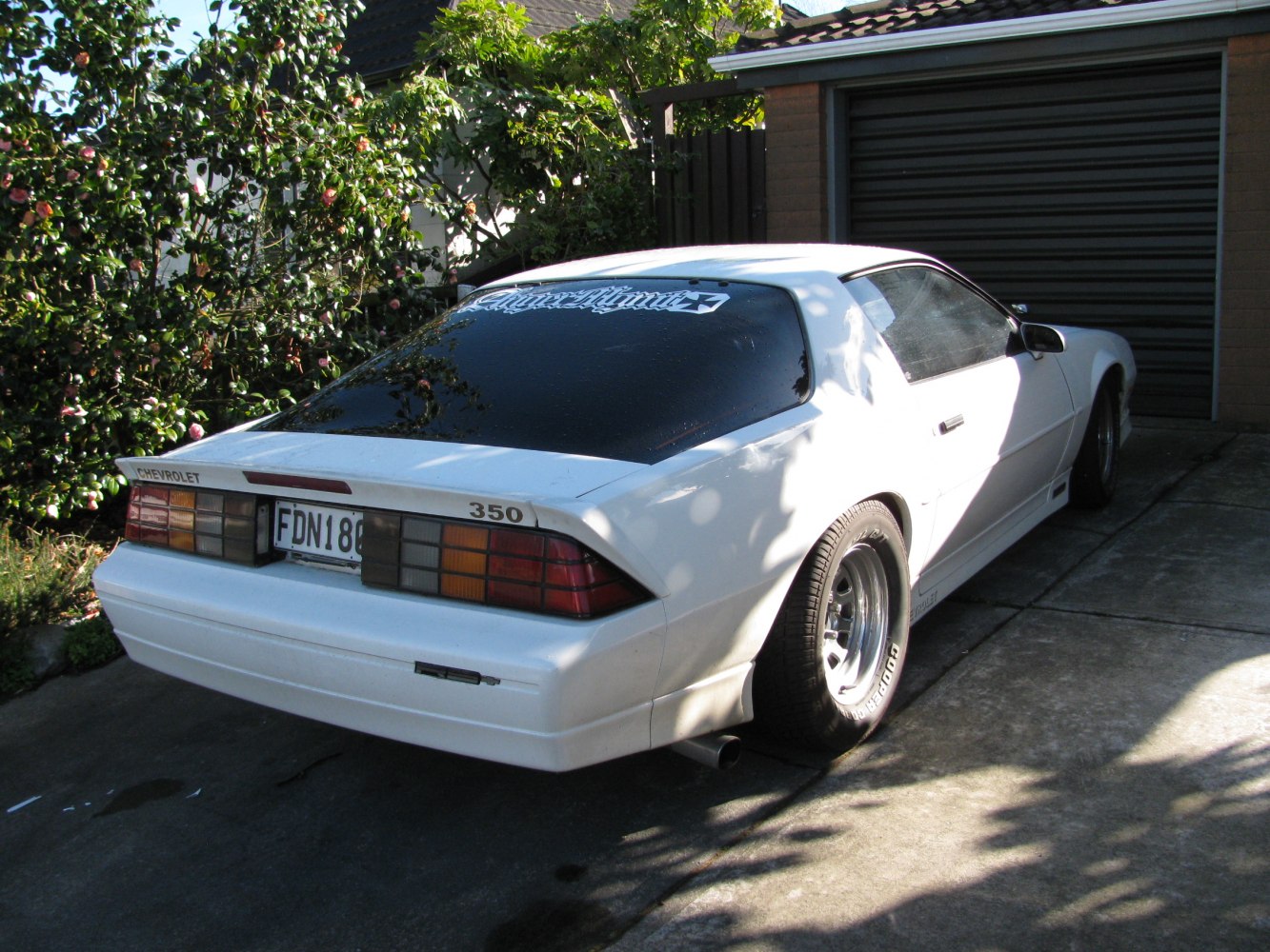 Rear view of white 1991 Camaro with 350 badge and tinted rear window