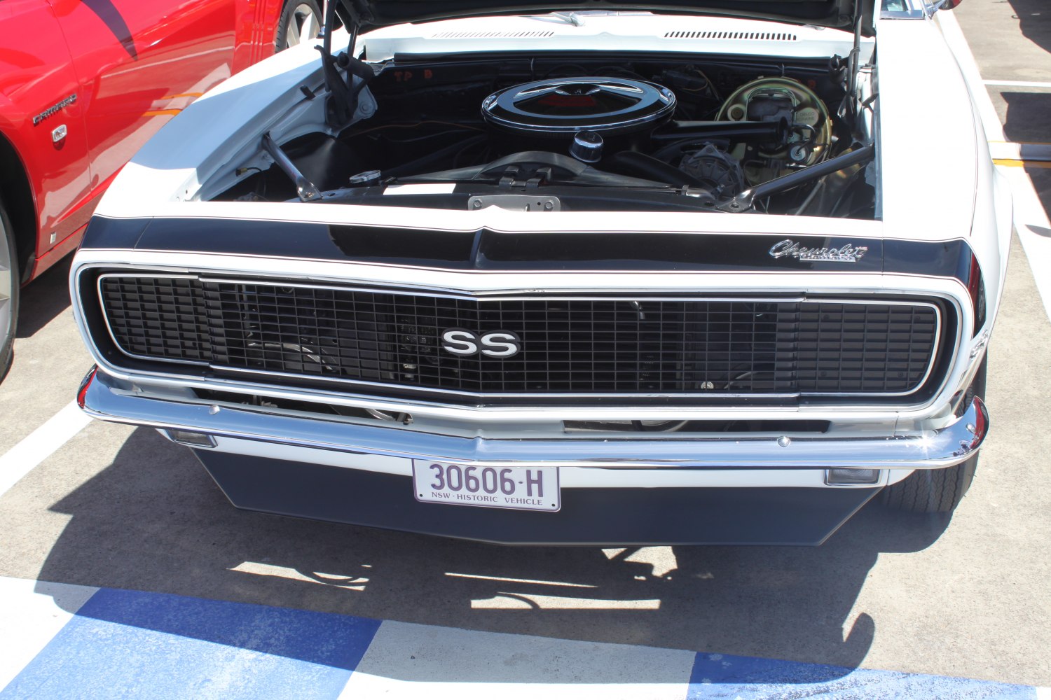 Front grille with SS badge and engine compartment with open hood