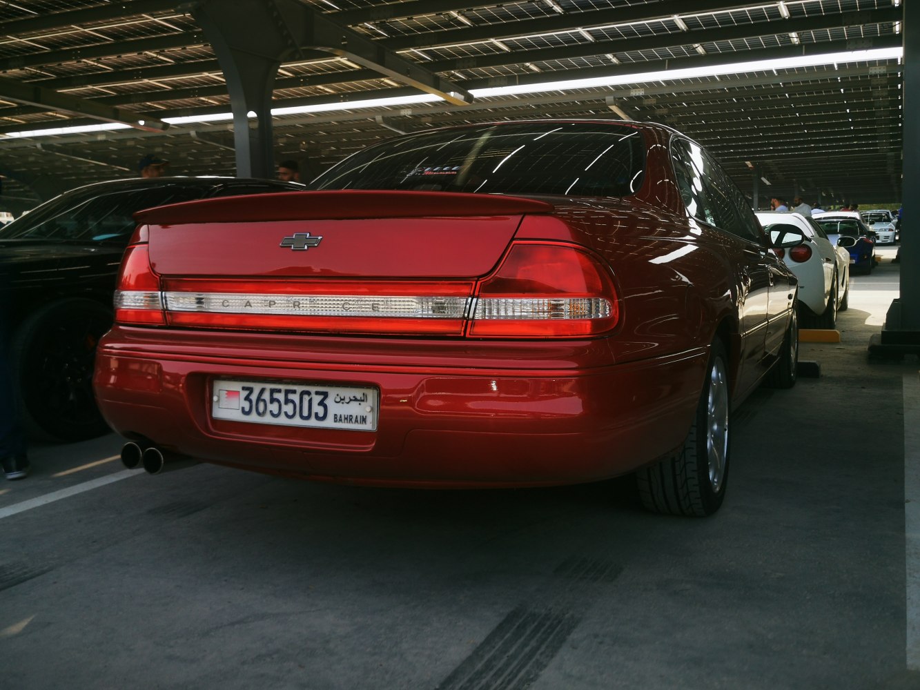 Rear view of a sedan with taillights, spoiler, and license plate.