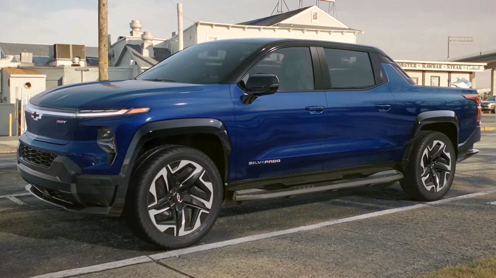 Front LED lighting and stylish alloy wheels on an electric crew cab truck