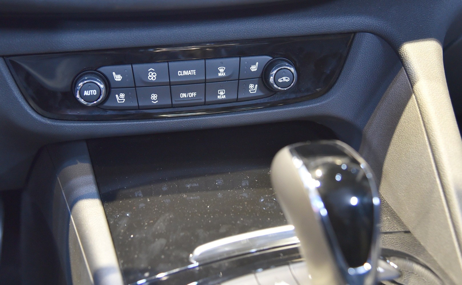 Climate control panel and gear shifter center console interior