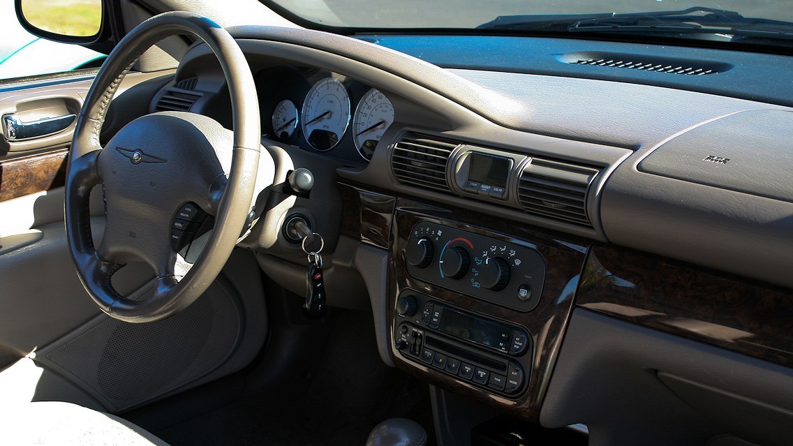 Truck dashboard with analog gauges and climate control knobs