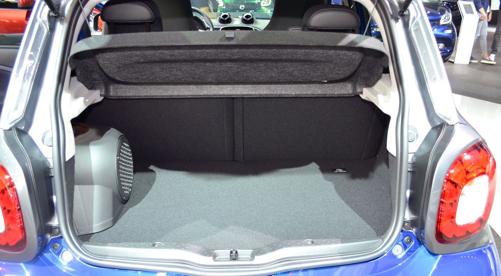 Spacious rear trunk interior with folded parcel shelf and wheel arch speaker enclosure.