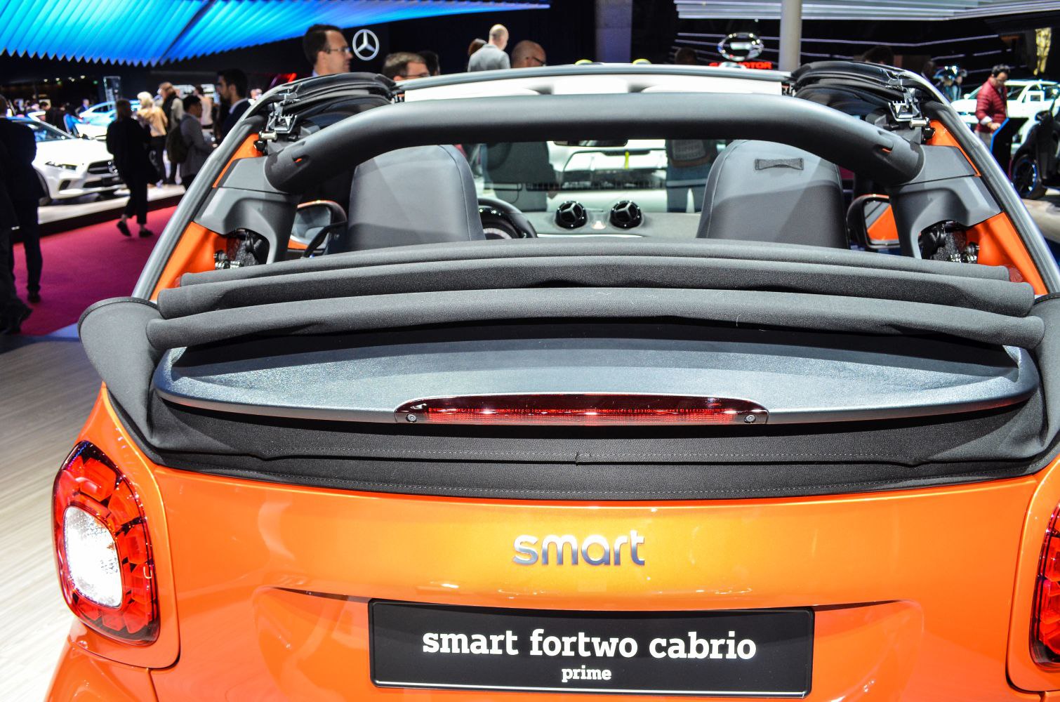 Rear view of Smart Fortwo III cabrio with convertible soft top roof