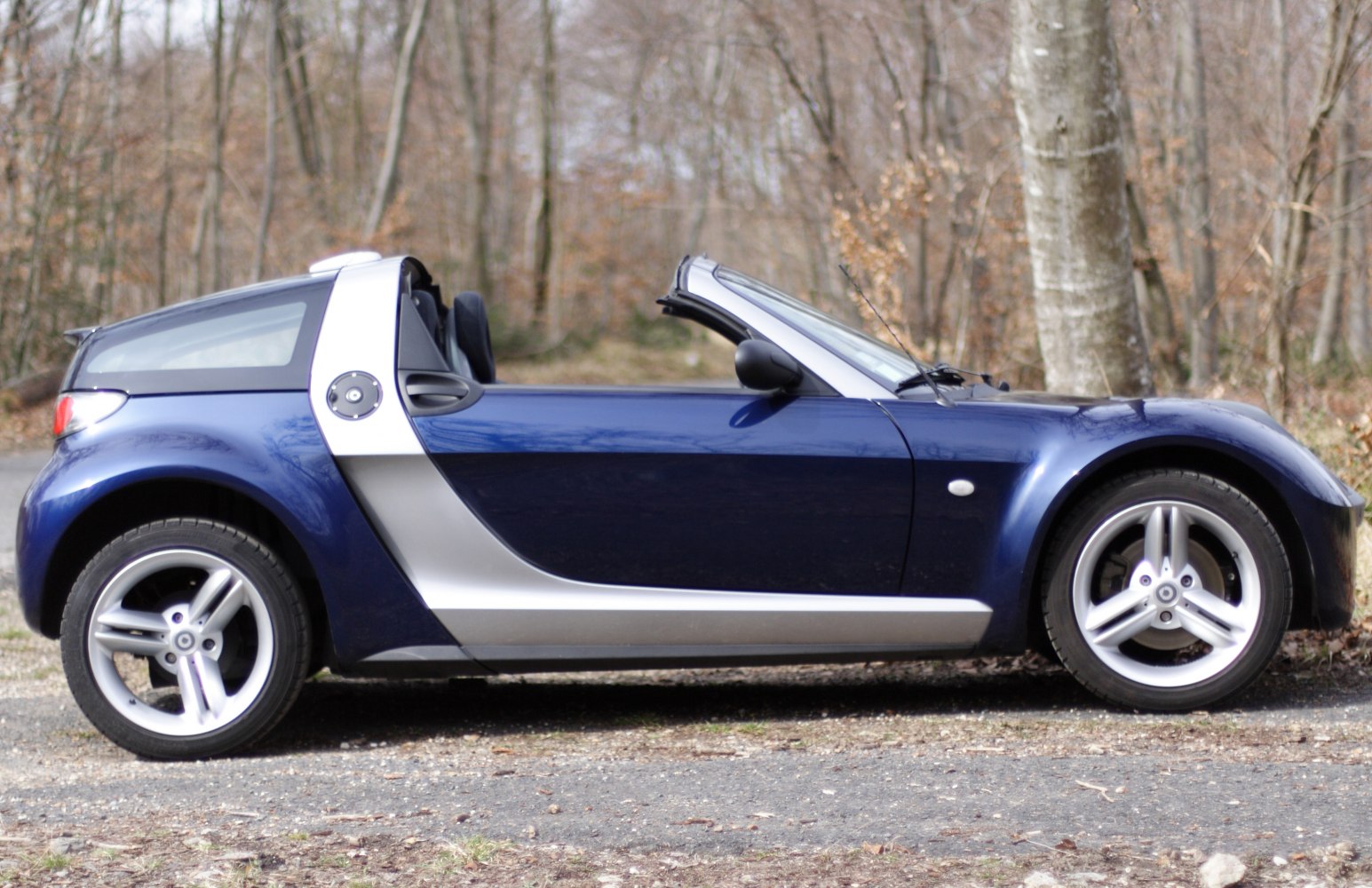 Compact roadster coupe side view with convertible top and alloy wheels