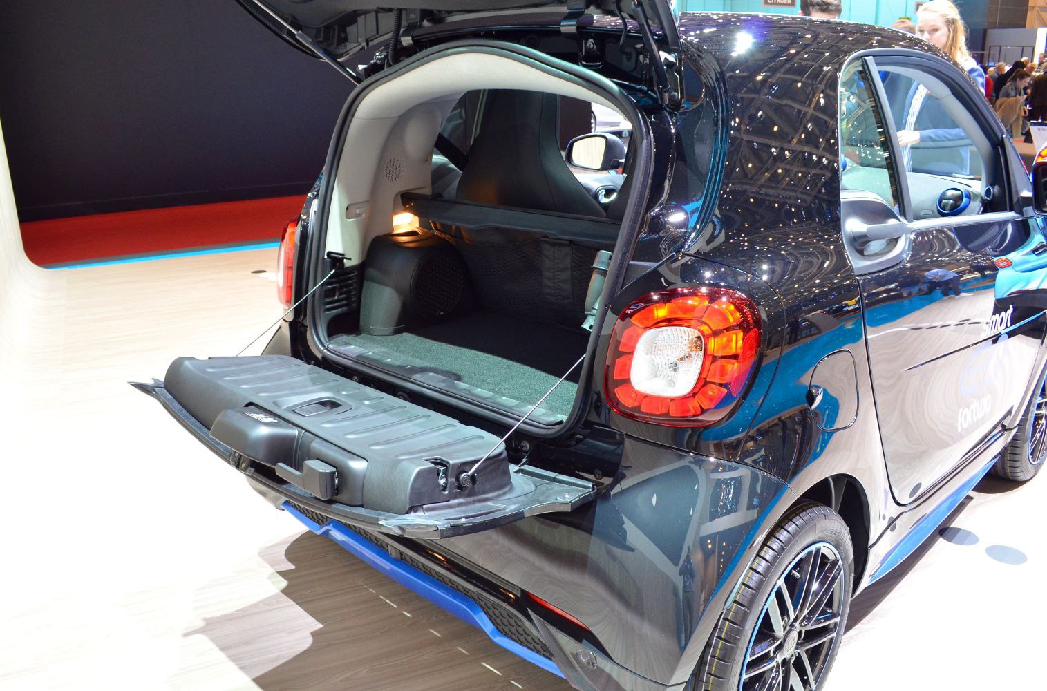 Compact hatchback rear cargo area with open trunk