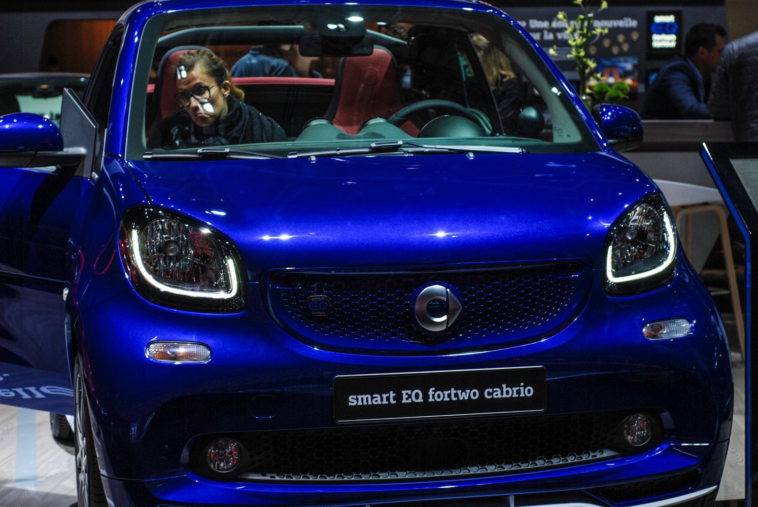 Front view of an electric convertible with LED headlights