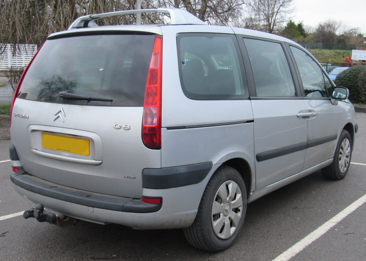 Silver MPV rear and side with tall vertical taillights and roof rails