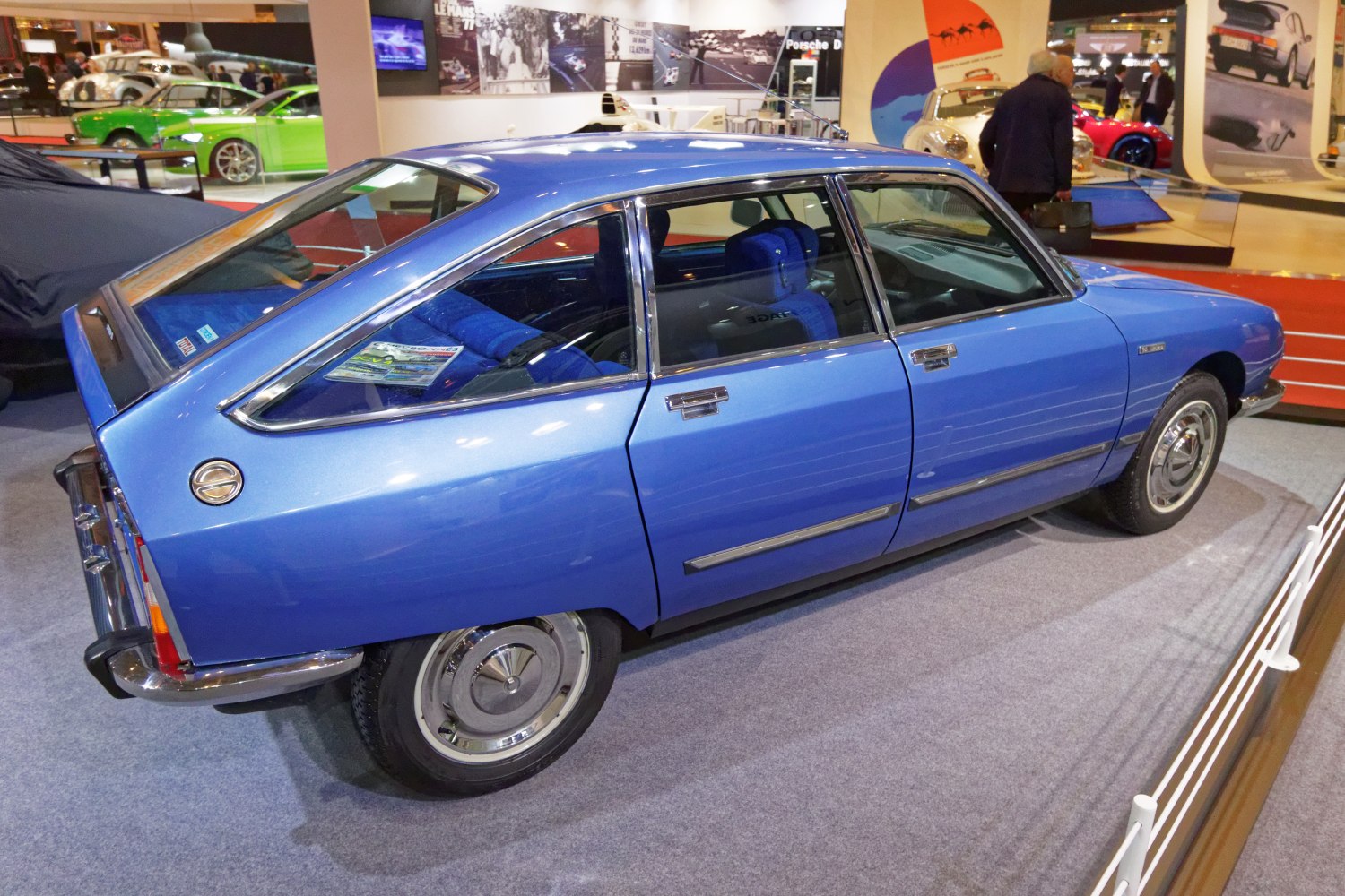 Angular rear hatchback with chrome trim and vintage styling
