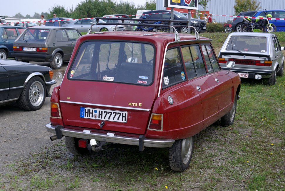 Rear view of vintage station wagon with roof rack