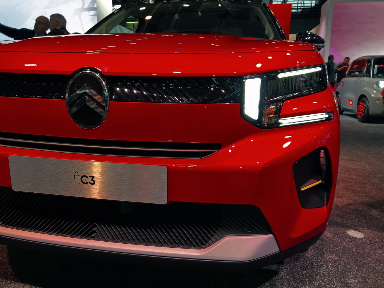 Close-up of front grille and LED headlight design of modern hatchback