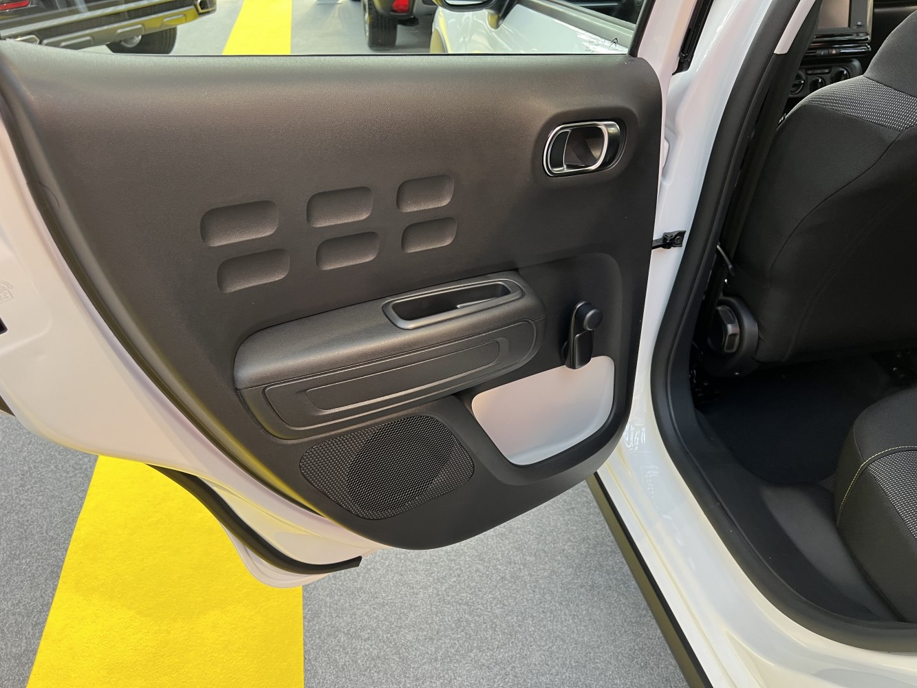 Rear door interior with handle, manual window crank, and speaker grille.