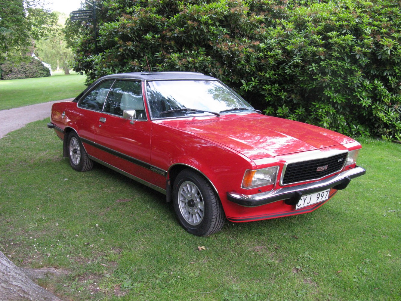 Classic red coupe with black roof and alloy wheels parked on grass.