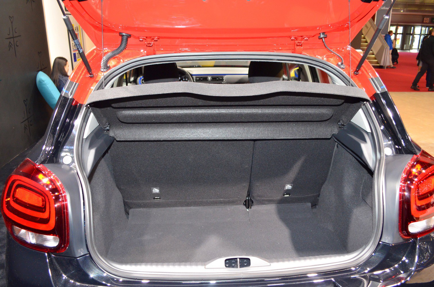 Open hatchback trunk with rear seats and parcel shelf
