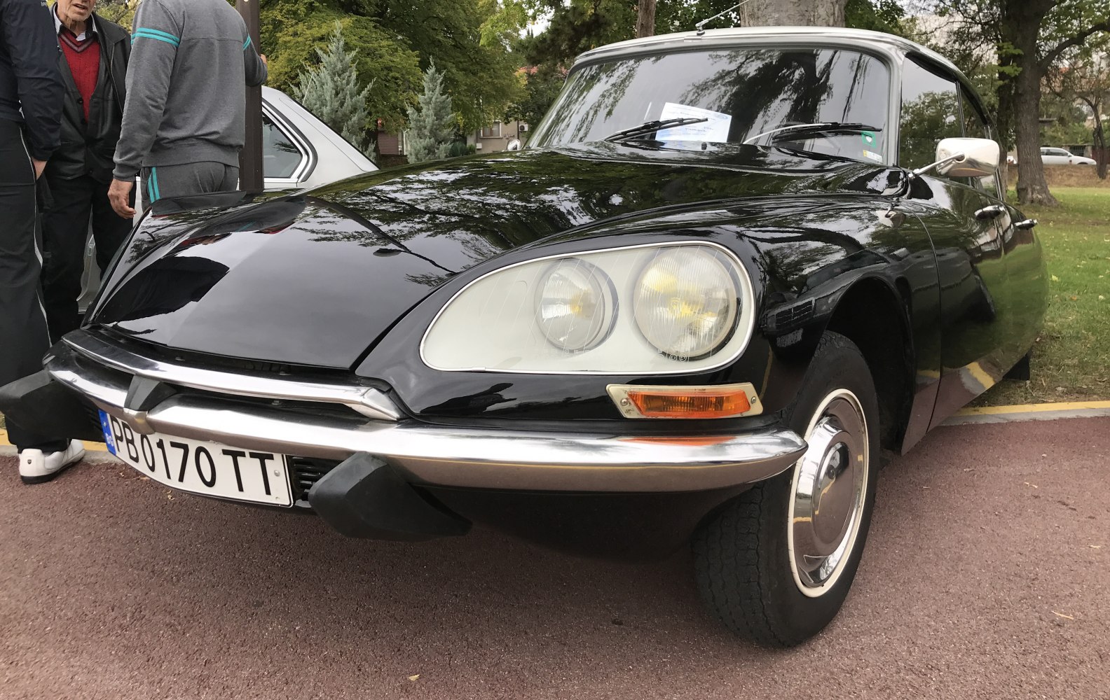 Close-up of aerodynamic front and dual headlights of a classic vintage car