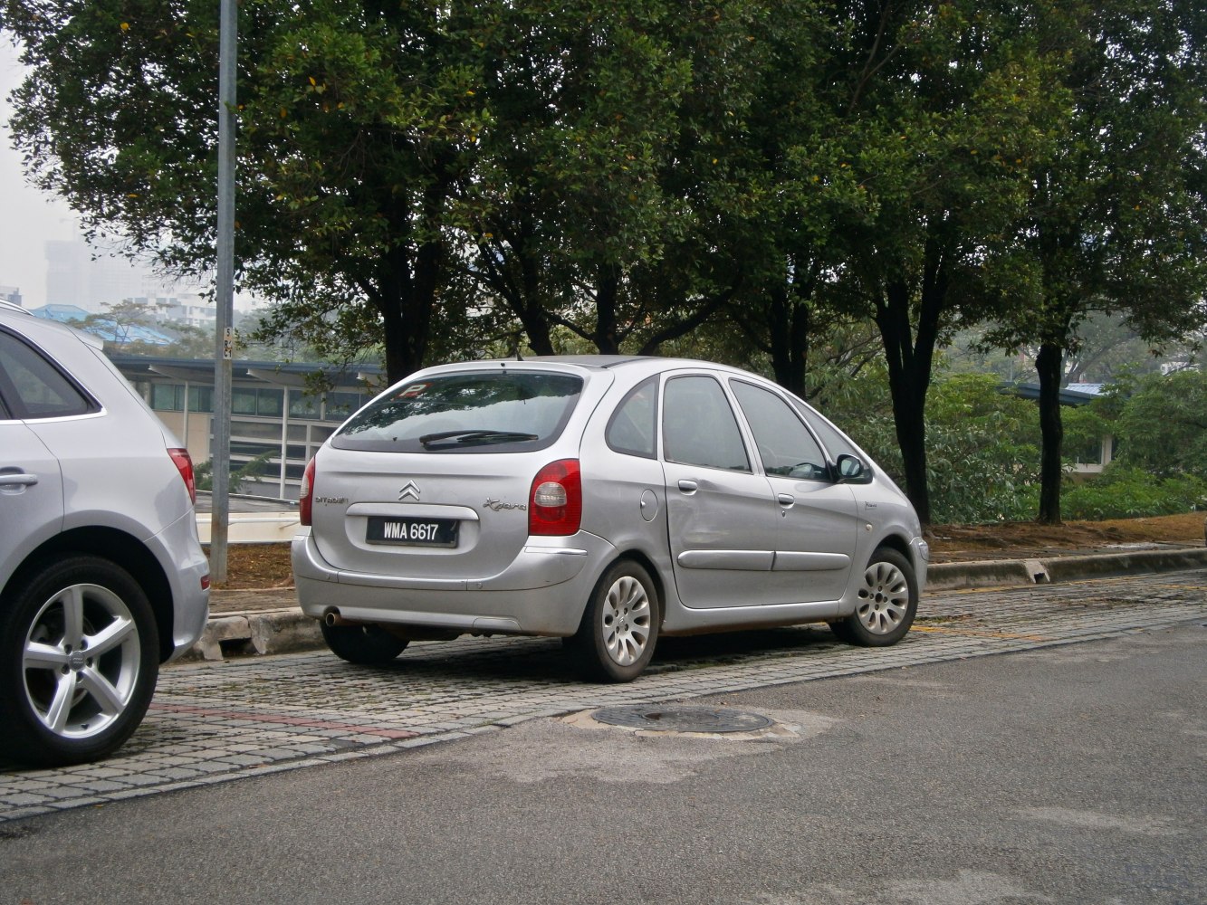 Rear and side view of parked hatchback car on urban street.
