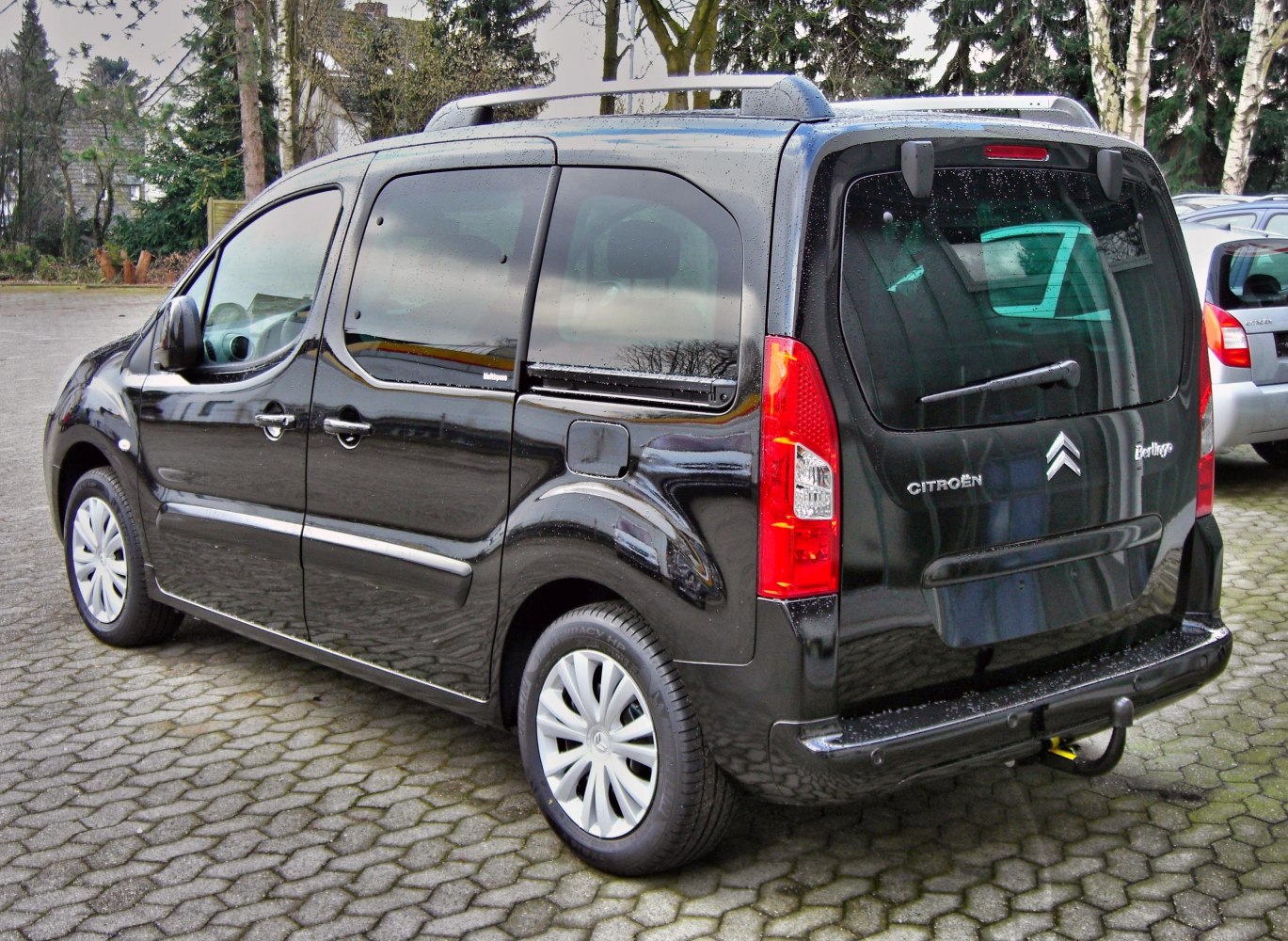 Rear and side view of black multivan with roof rails and tow hitch