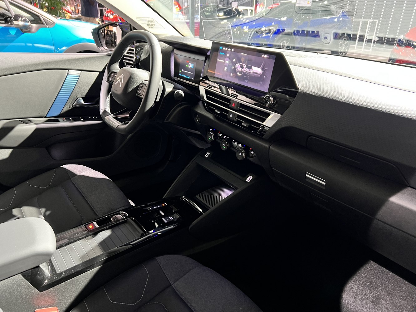 Digital dashboard and center console with touchscreen and climate controls