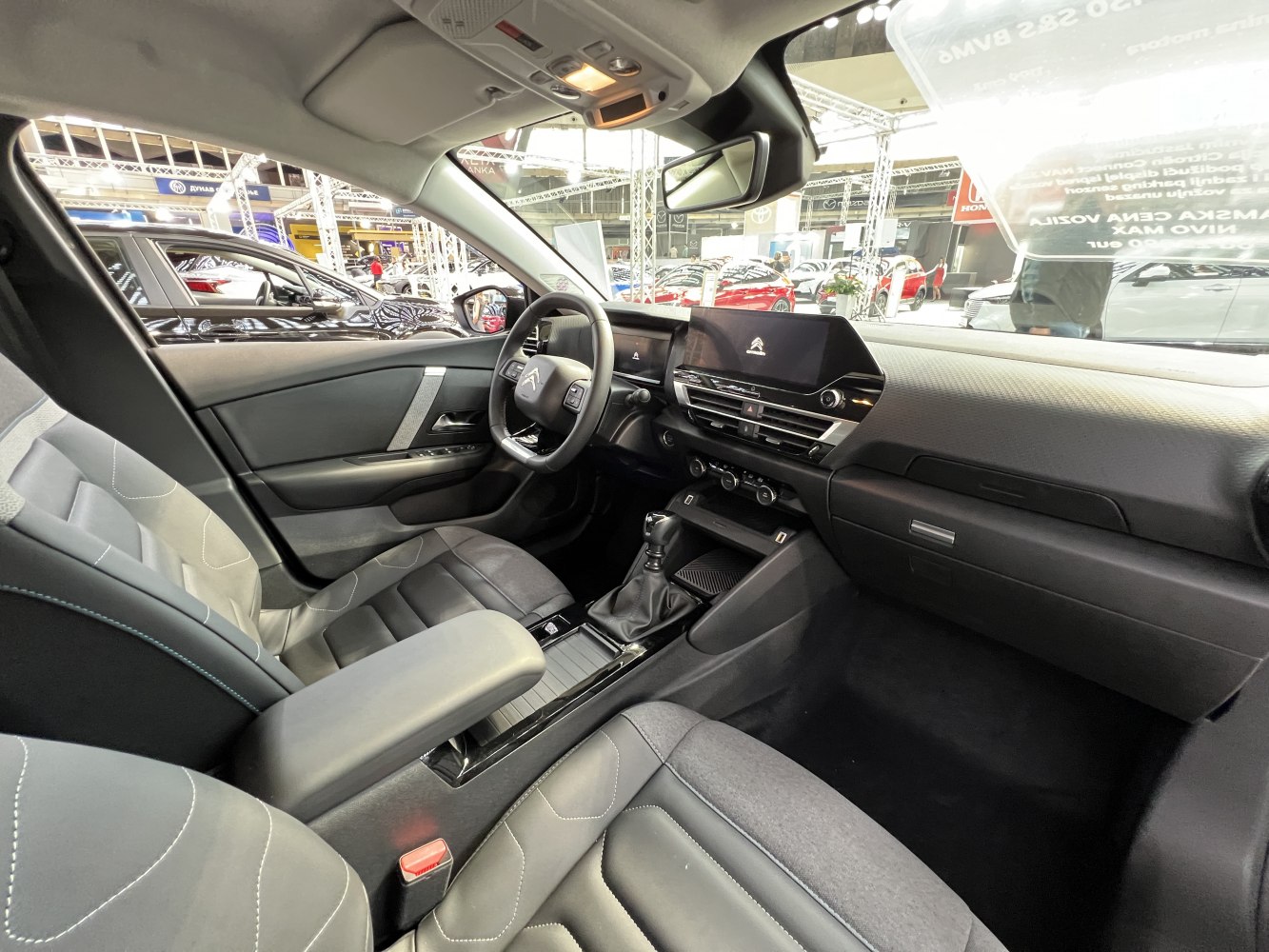 Modern car interior with touchscreen display and ergonomic seats