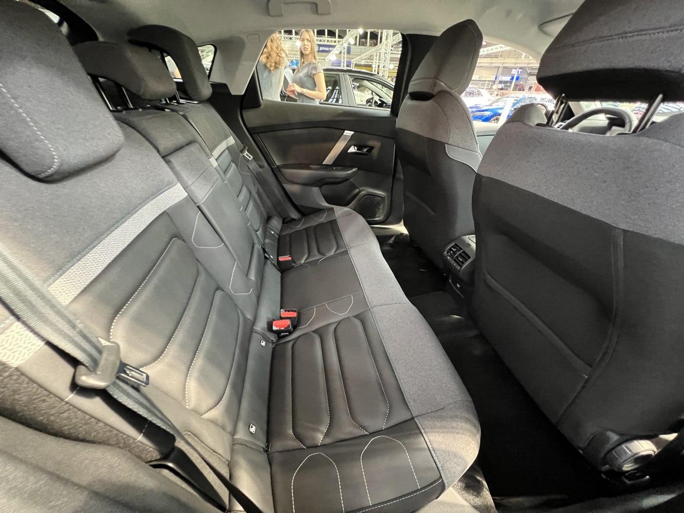 Rear seat fabric and leather upholstery with modern car door panel