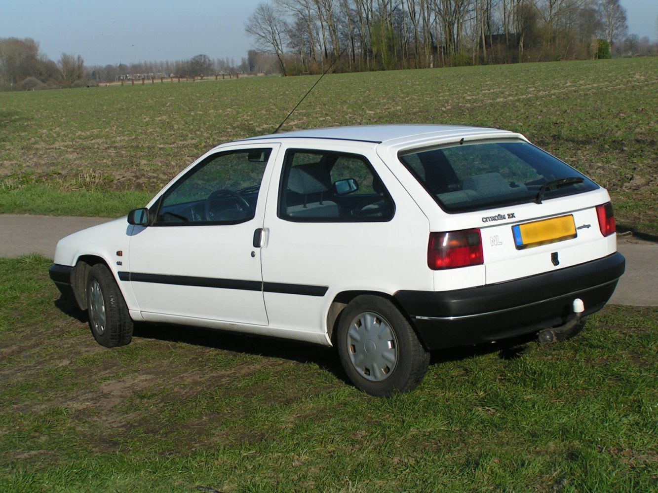 White 3-door hatchback with rear wiper and black bumper on a grassy area