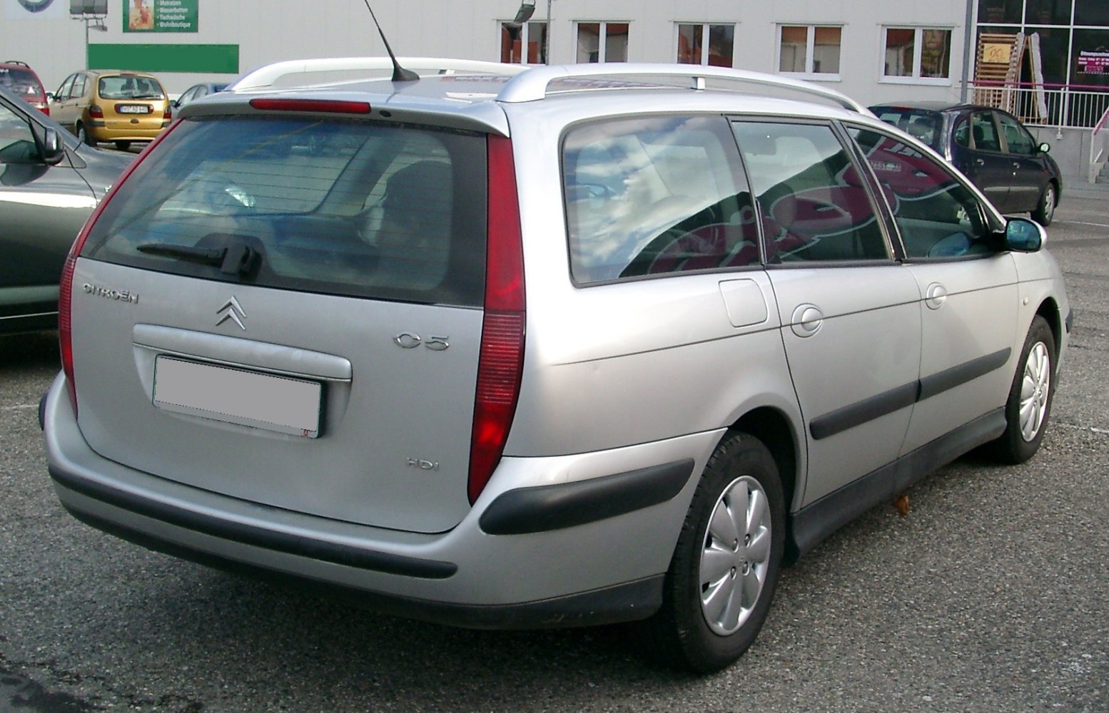 Silver estate car rear side with vertical taillights and roof rails
