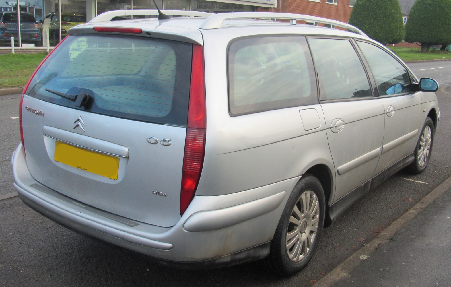 Silver station wagon rear view with vertical tail lights and roof rails