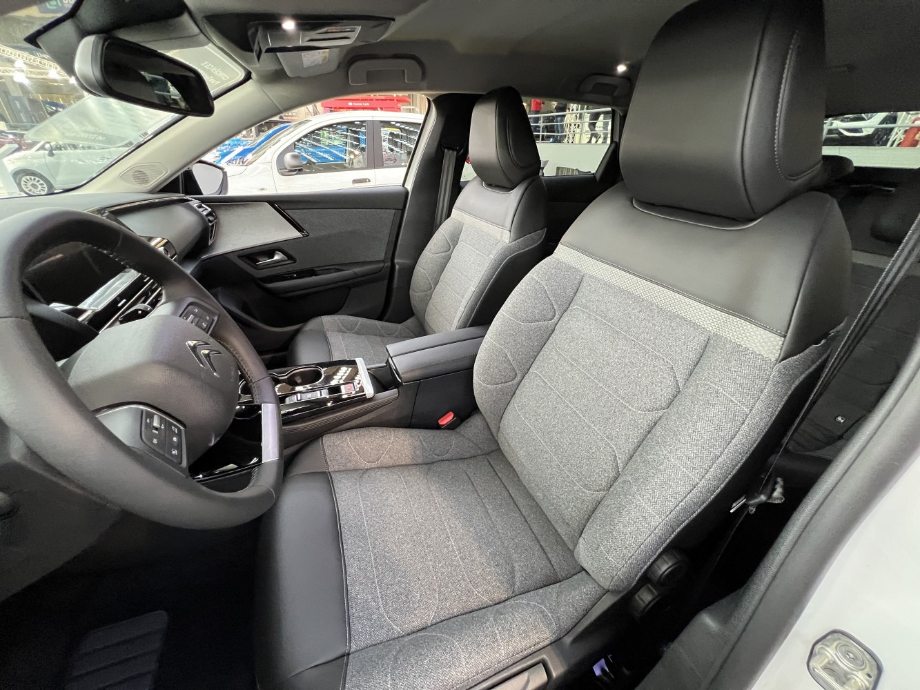 Fabric and leather blend seats with modern dashboard and center console