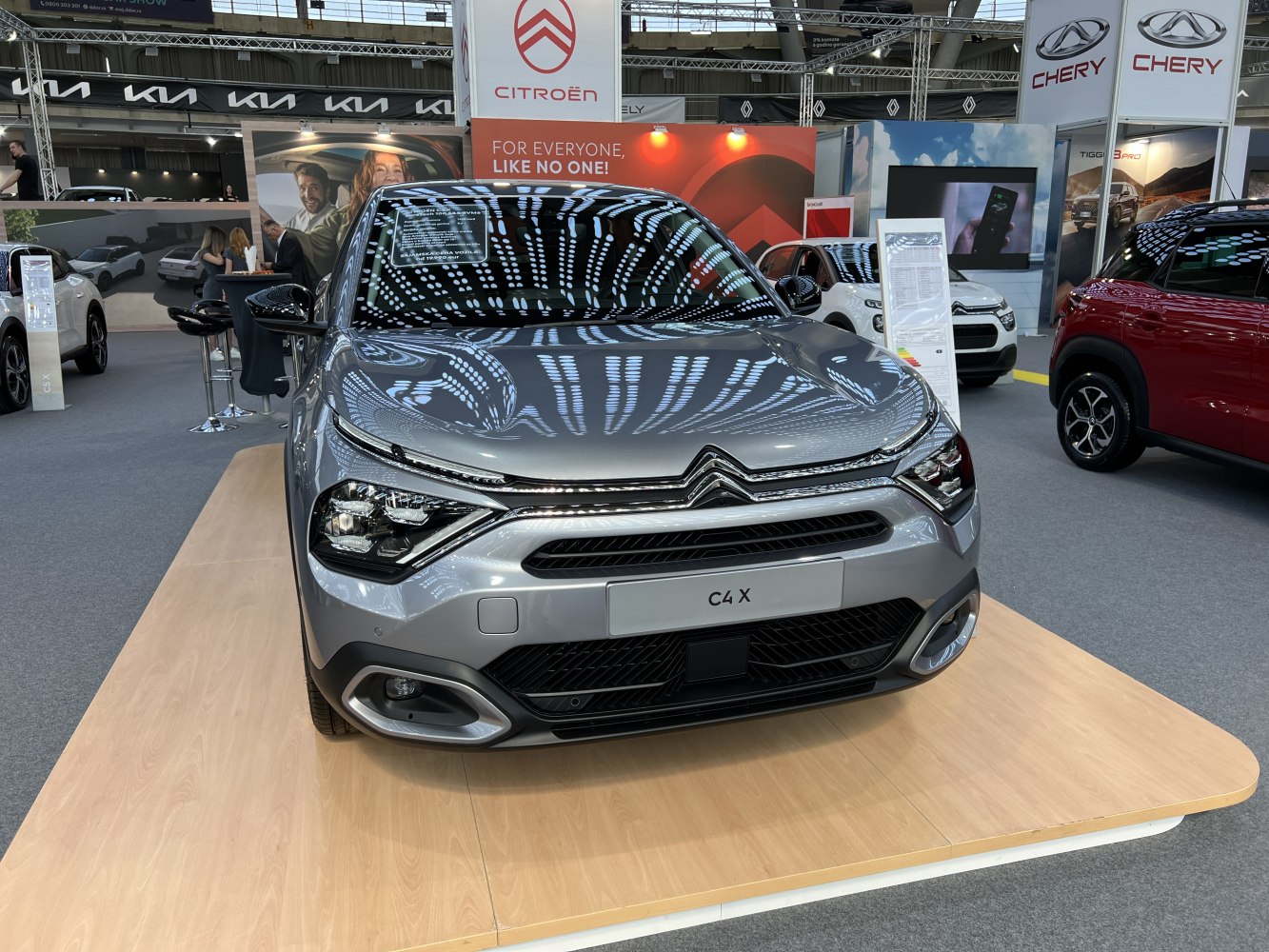 Front view of sleek modern car with LED headlights
