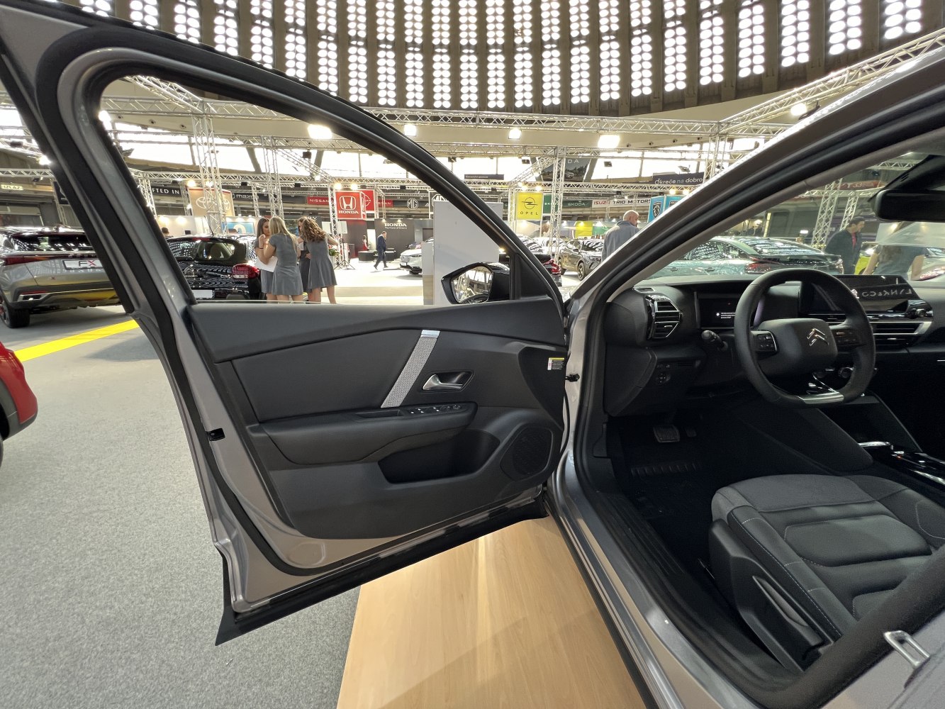 Interior door panel and dashboard with steering wheel