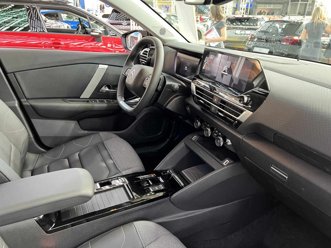 Digital dashboard with multimedia display and modern interior layout