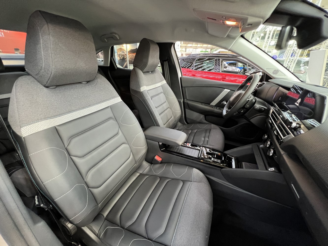 Front seats, center console, and dashboard interior design