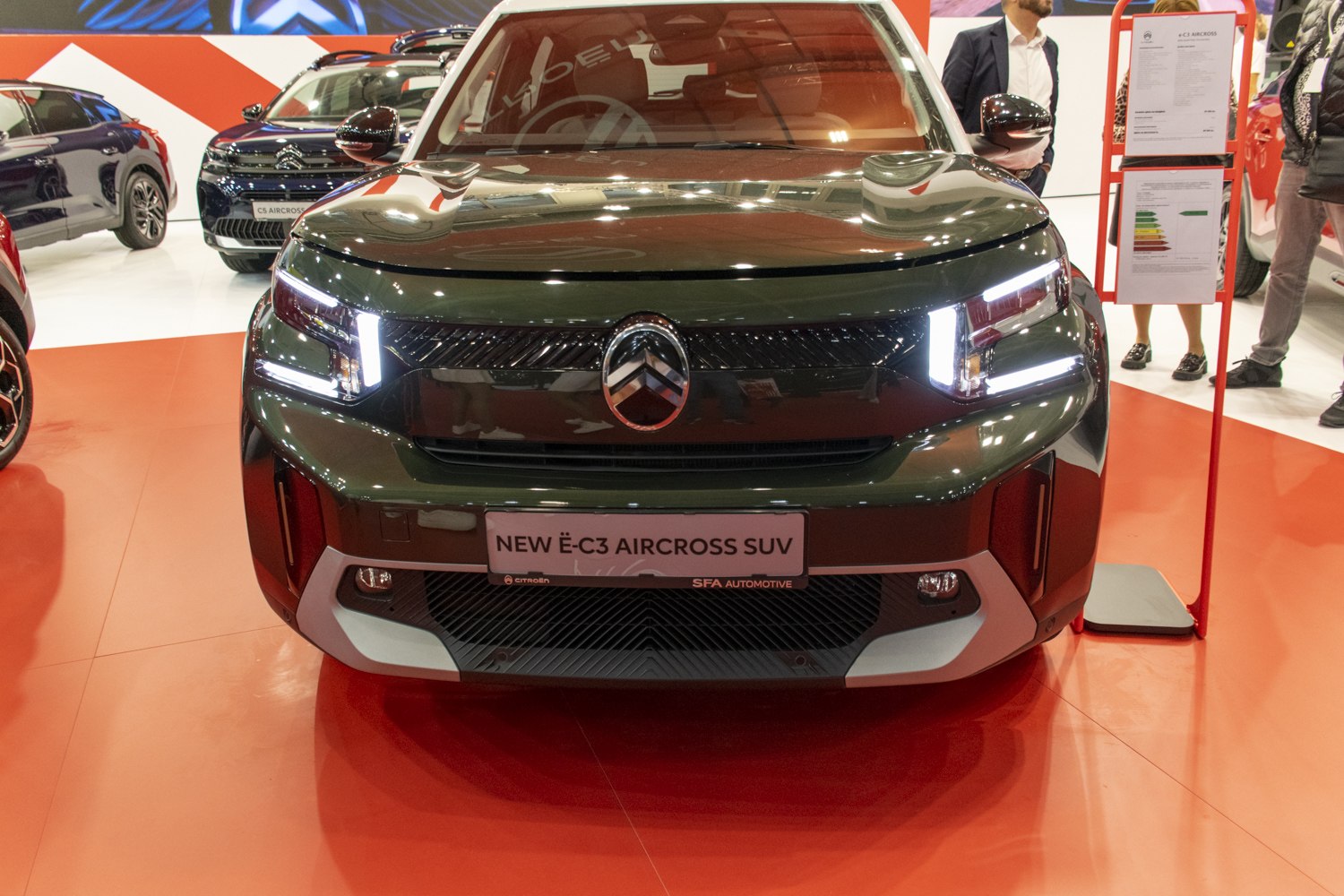 Front view with LED daytime running lights and distinctive grille design