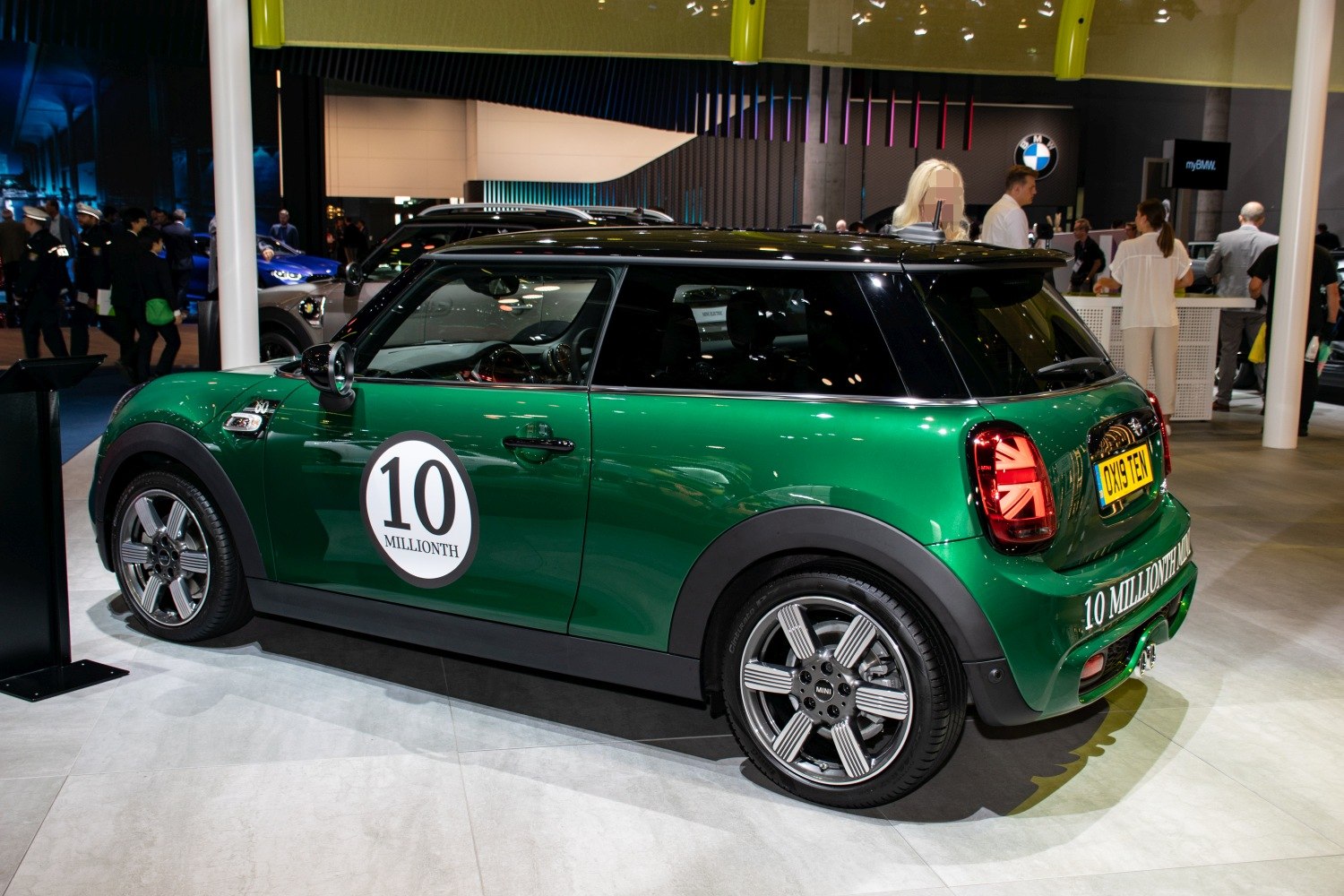 Green 3-door hatchback with 10 Millionth decals and Union Jack styled rear lights