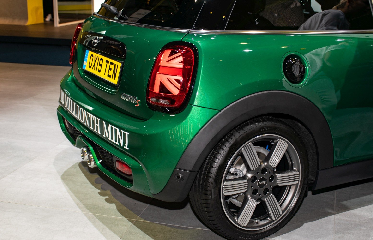 Mini Hatch F56 facelift rear with Union Jack tail lights and alloy wheel