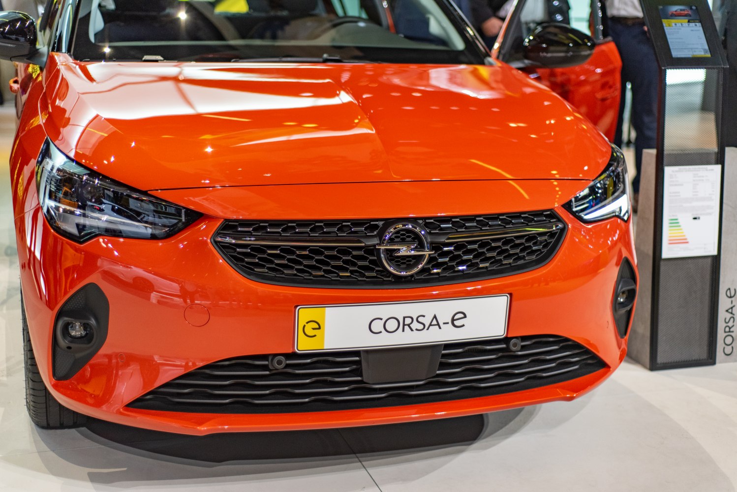 Close-up of 2020 electric model front fascia with headlights and grille.