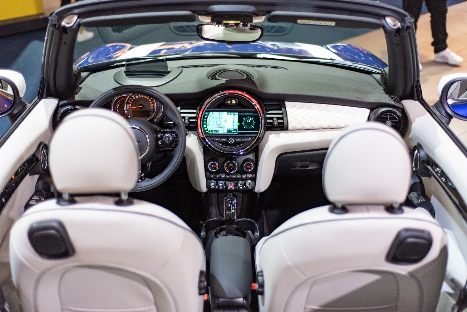 Convertible interior dashboard with infotainment and dual climate controls