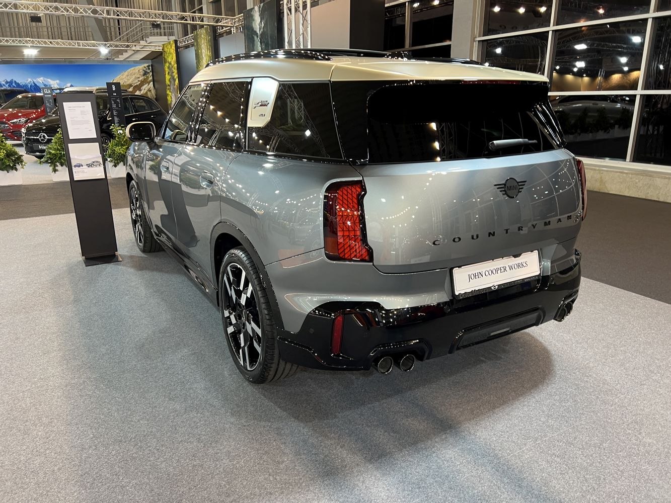 Rear view of sporty SUV with dual exhaust and tinted windows